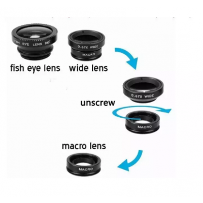 3 in 1 Universal Clip-On Lenses Kit (Black) With FishEye Lens+Macro+Wide Angle Lens